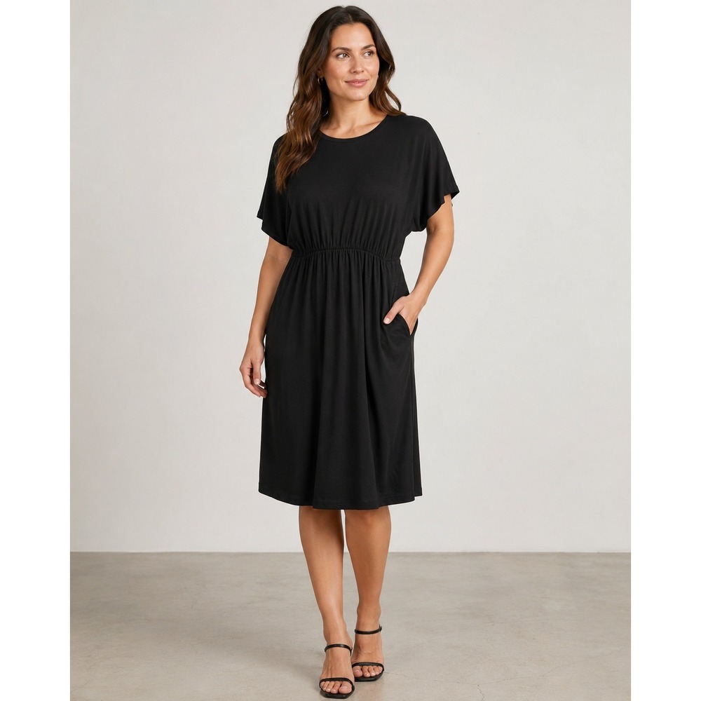 Boden Flutter‎ Sleeve Jersey Dress 6R Black Pockets Ecovero Viscose Fit Flare